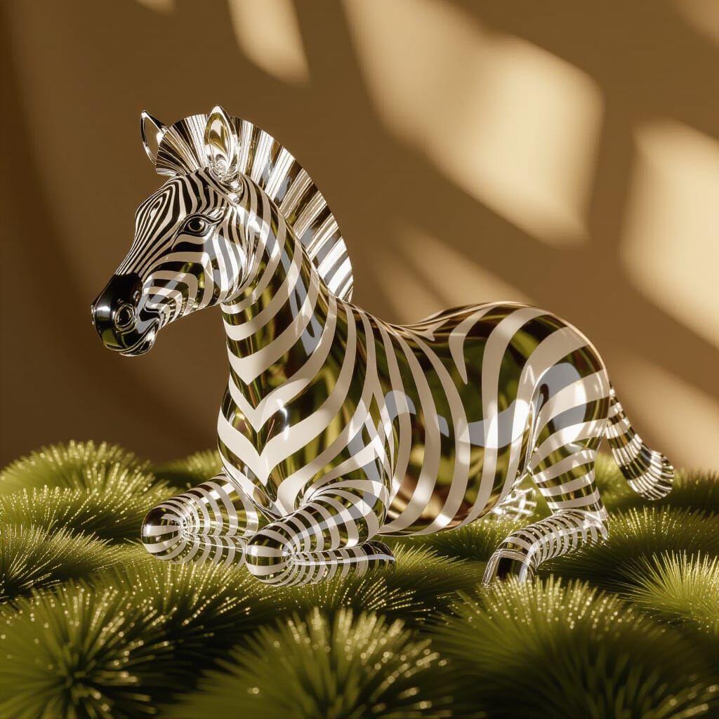 Glass Zebra Sculpture on Fur Throw with African Backdrop