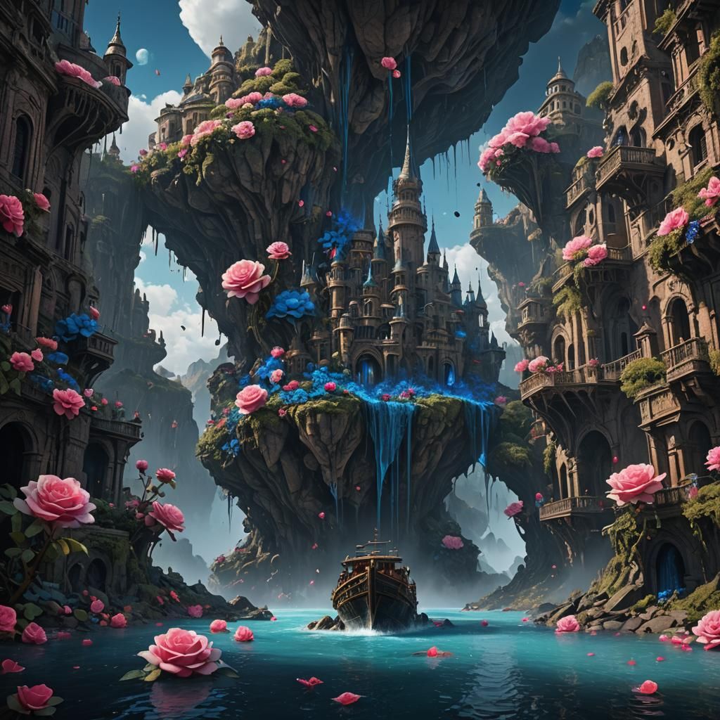 Blue Rose Floating in Impossible World: Fantasy Art