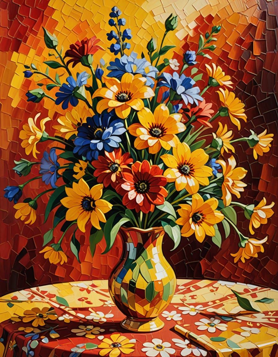 Impressionist Oil Painting of Flowers in Yellow Vase