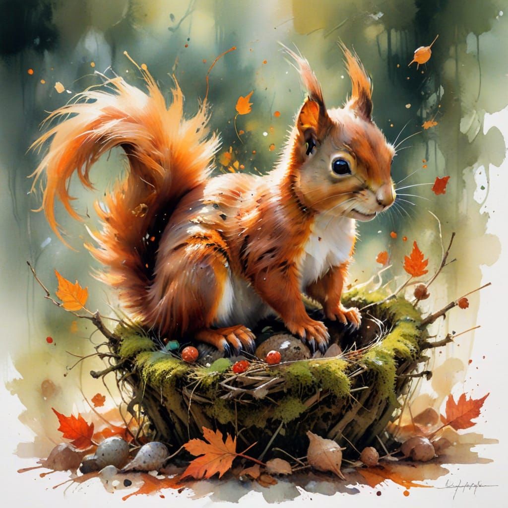 Red Squirrel Kit Dreaming in Autumn Glow, Watercolour Style