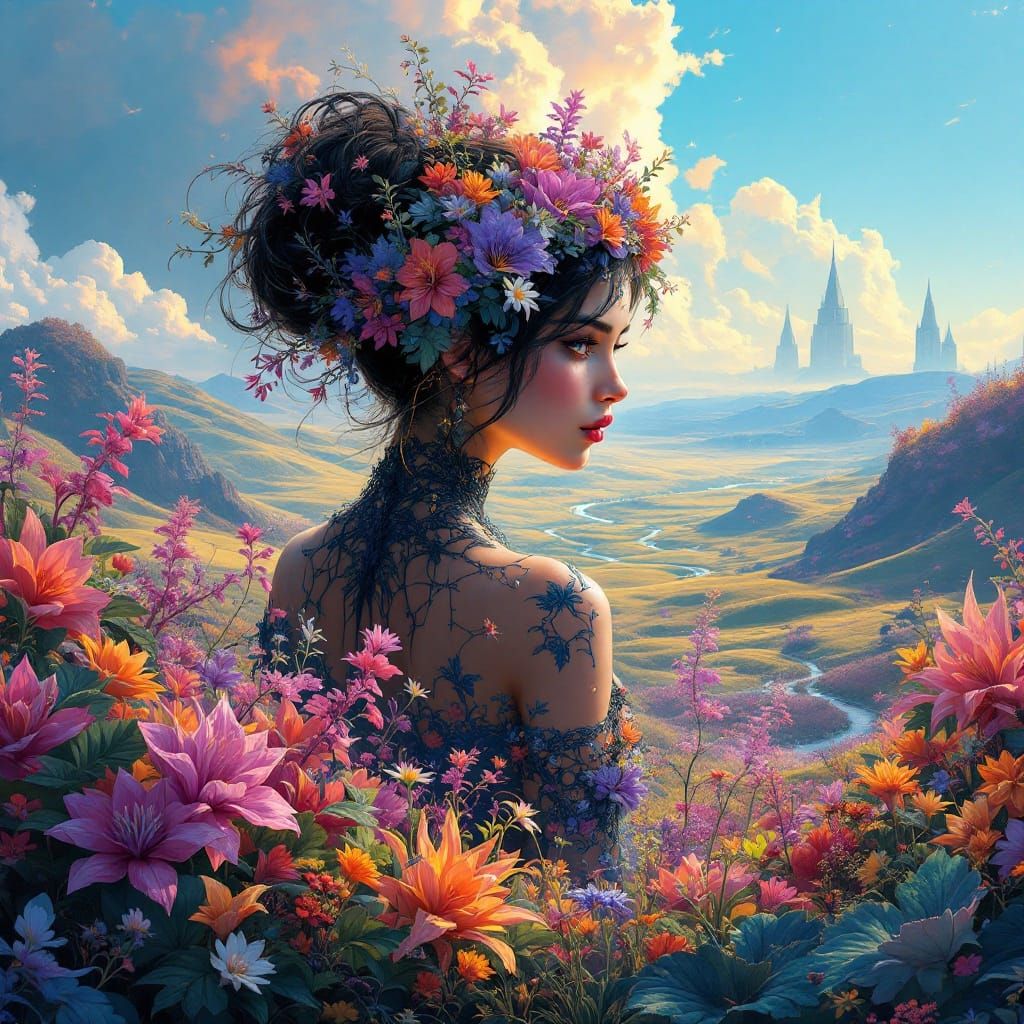 Mystical Girl Surrounded by Enchanted Nature in Cyberpunk Fa...