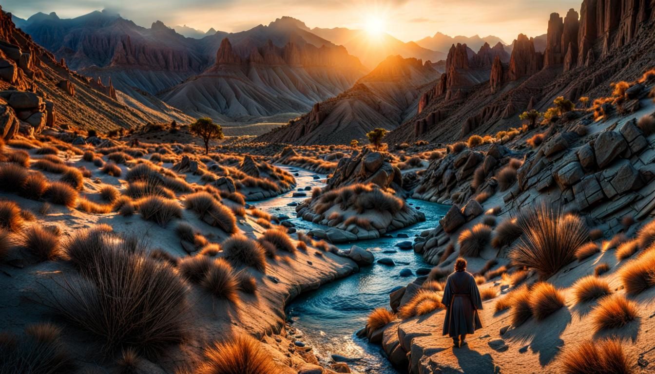 Frodo Baggins in Desert Canyon at Sunset