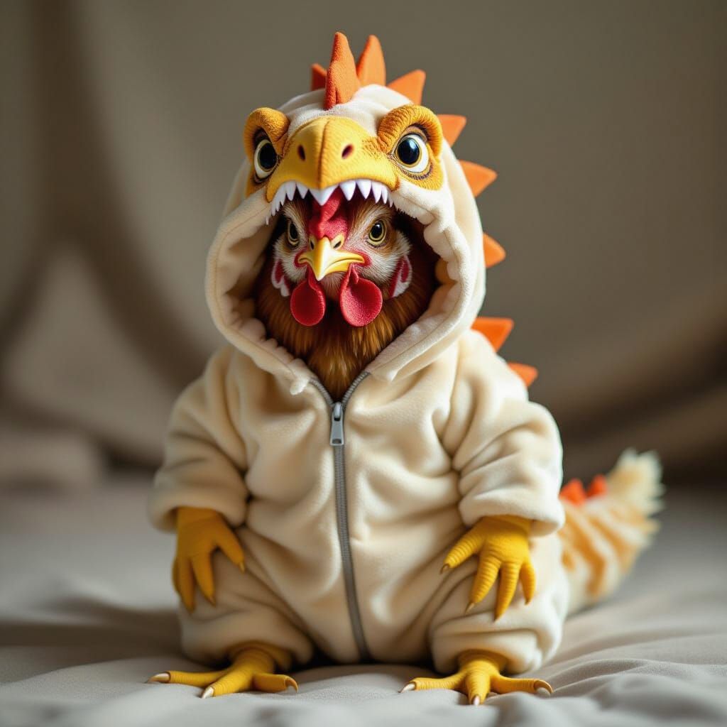 Hen in Dilophosaurus Costume, Humorous Digital Art