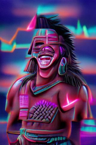 Synthwave Aztec Warrior Laughing Neon Retro