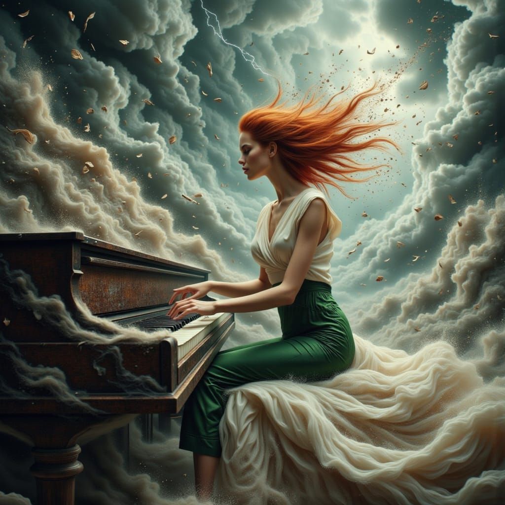 Woman Plays Piano Amidst Epic Storm