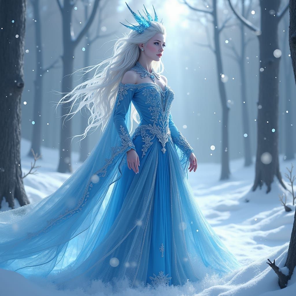 Icy Winter Eladrin Wizard in a Crystalline Forest