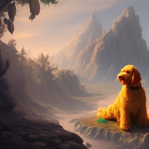 Fantastical Golden Doodle, Detailed Matte Painting