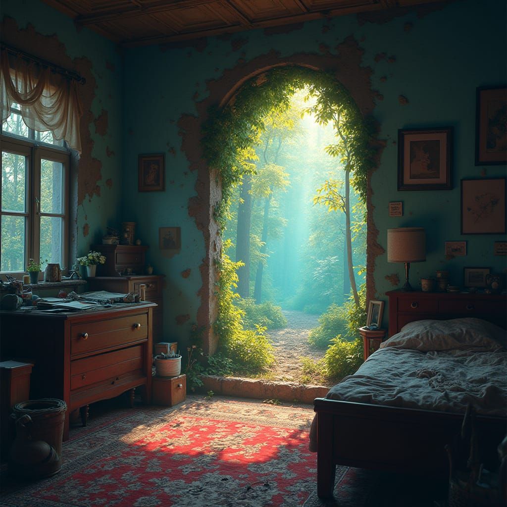 A portal into a mythical forest on the wall of my small mess...