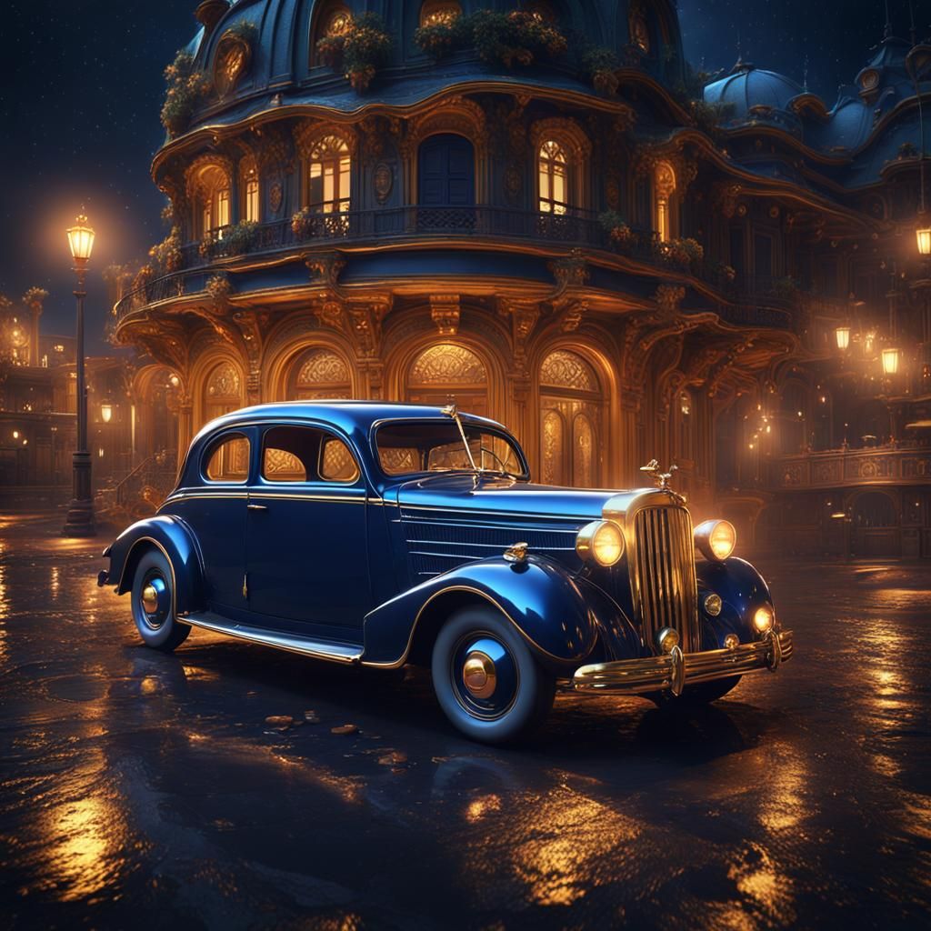 Golden Vintage Car in Dark Blue Night, Digital Art