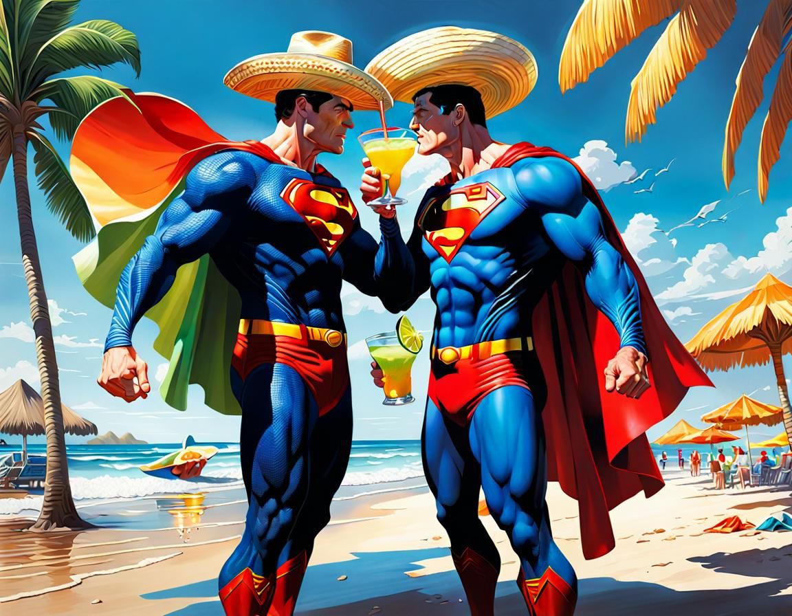 Batman and Superman: Beach Margaritas in Hyperrealism