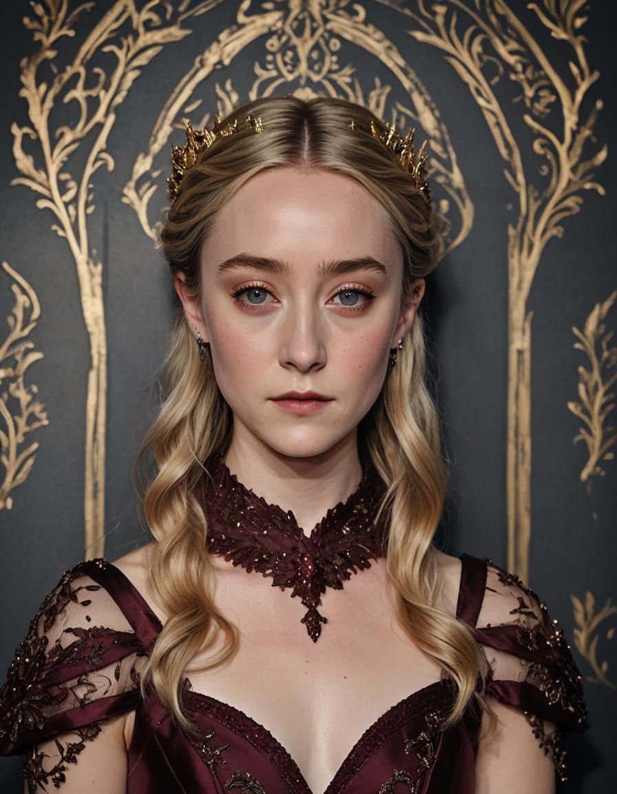 Hyperrealistic Portrait of Elf Woman in Maroon Gown