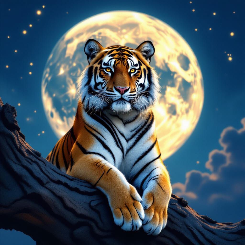Tiger on Tree Trunk Under Sparkling Moon