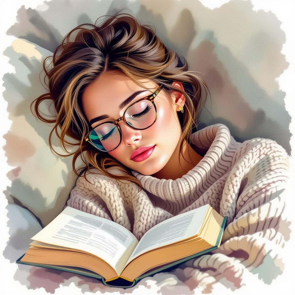 Woman Sleeping with Glasses and Book in Watercolor Style