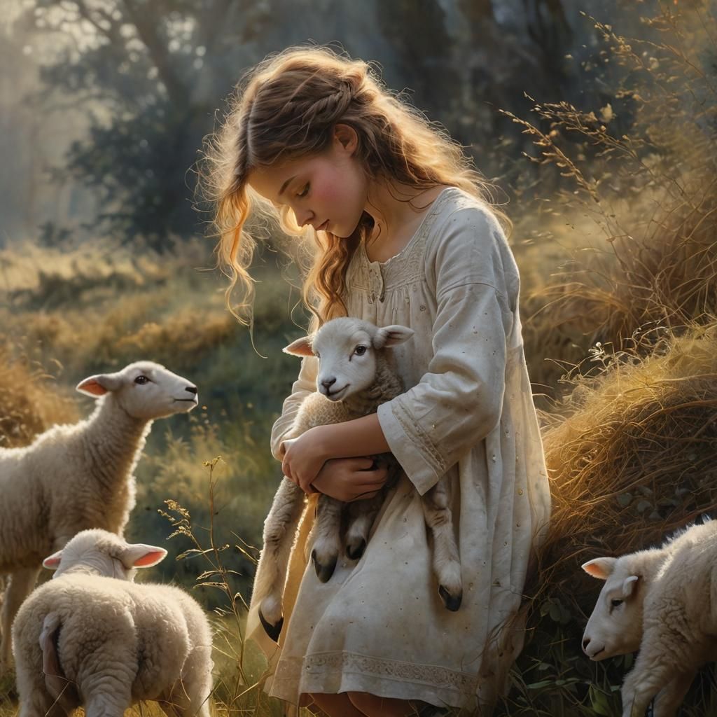 Girl and Lamb in Morning Light: Intricate Watercolor