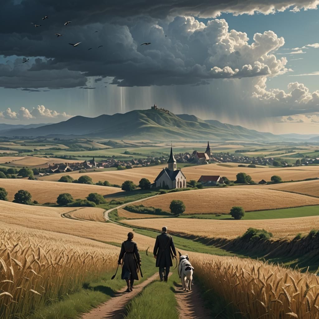 Wheat Field Walkers Under Stormy Skies