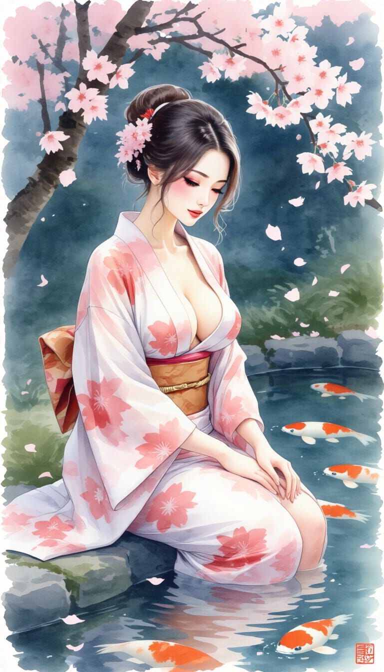 Japanese Woman by Koi Pond in Watercolor Style