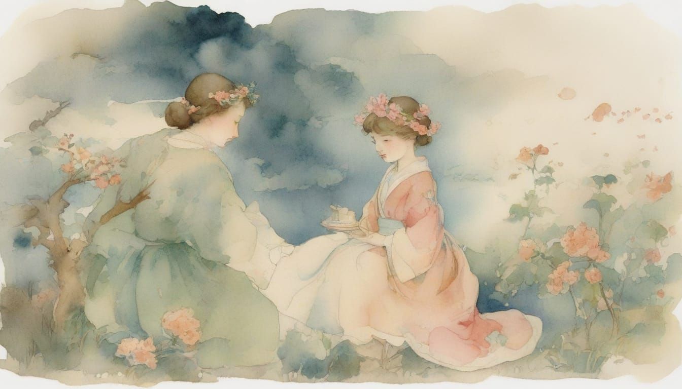 Whimsical Watercolor Scene in Vintage Style