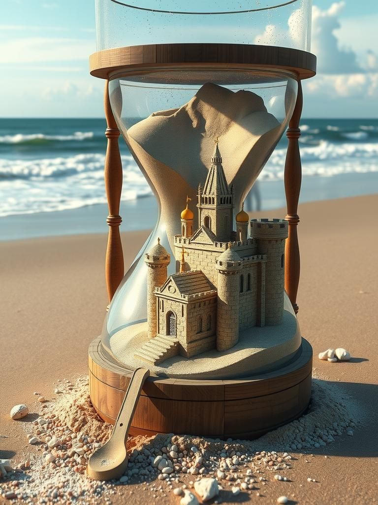 Sandcastle in Hourglass About to be Swallowed by Wave