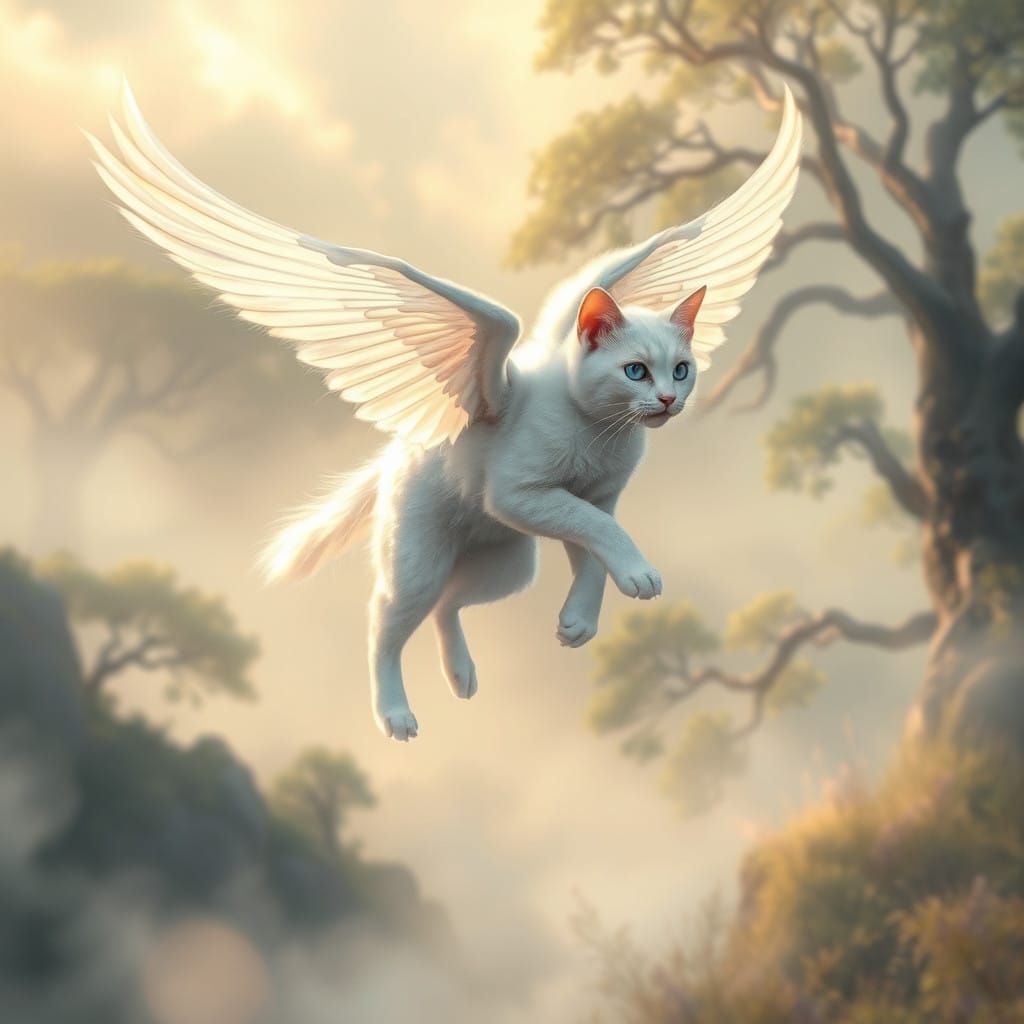 Majestic White Spirit Cat Soars Through the Air in a Dreamy,...