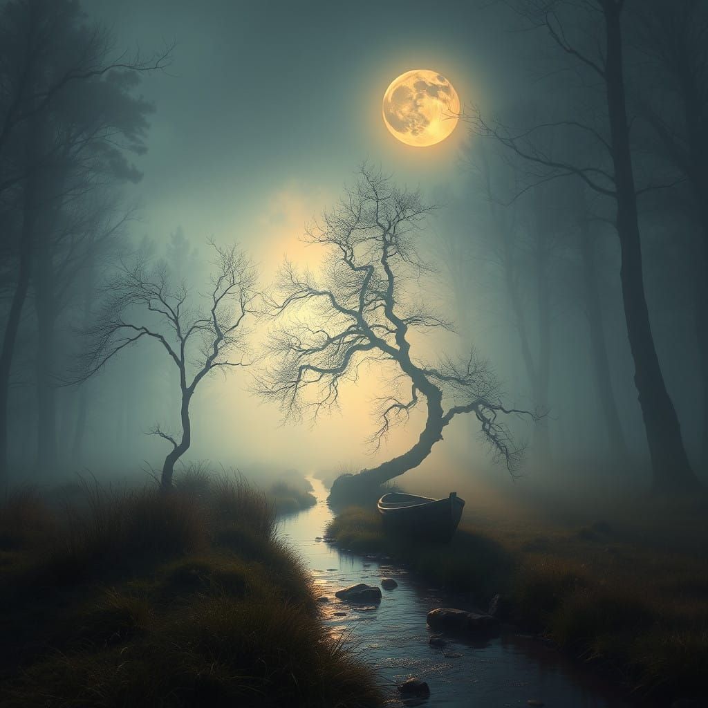 Romanticist Landscape with Moonlit Forest and Lonely Boat