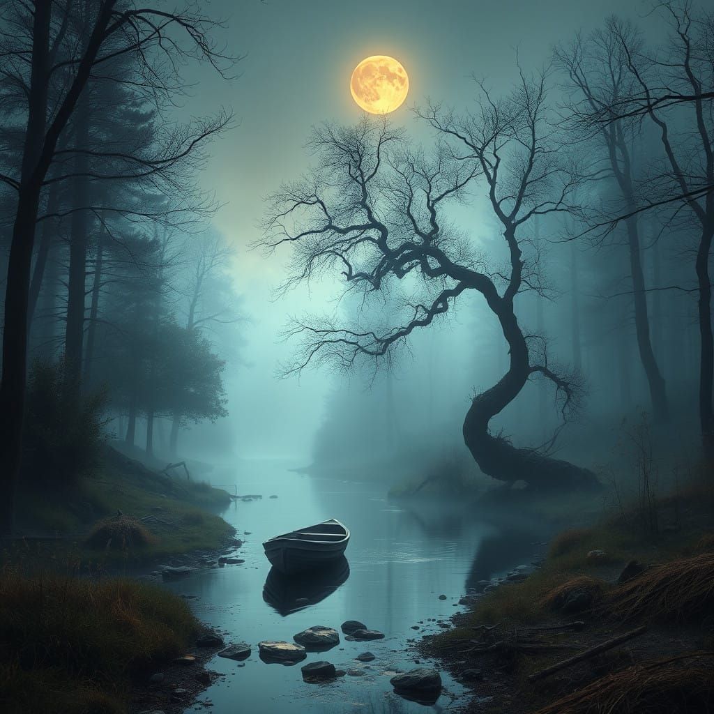 Dreamy Moonlit Forest Landscape with Lonely Tree and Boat