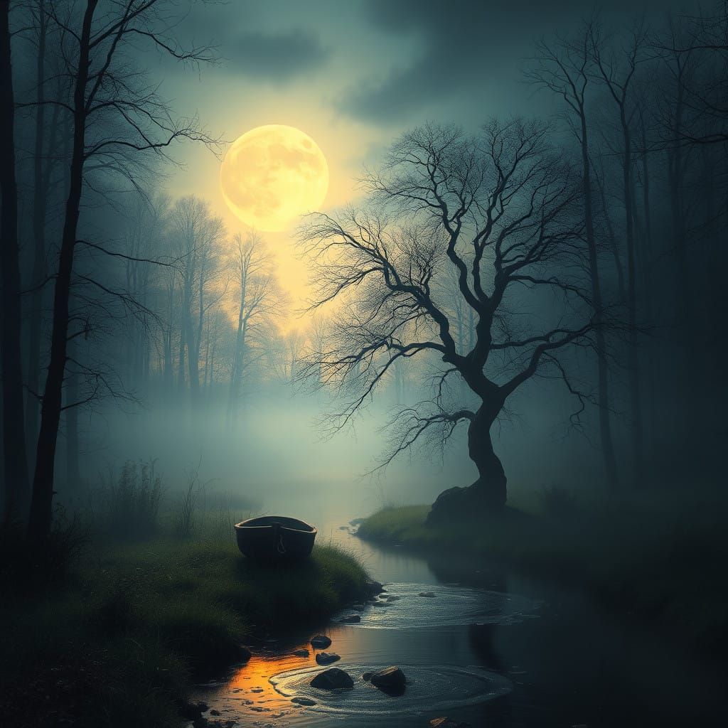Romanticist-Inspired Misty Moonlit Forest Landscape with Twi...