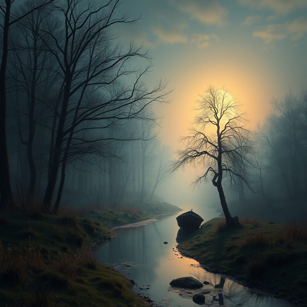 Romanticist-Era Landscape with Moonlit Forest and Twisted Tr...