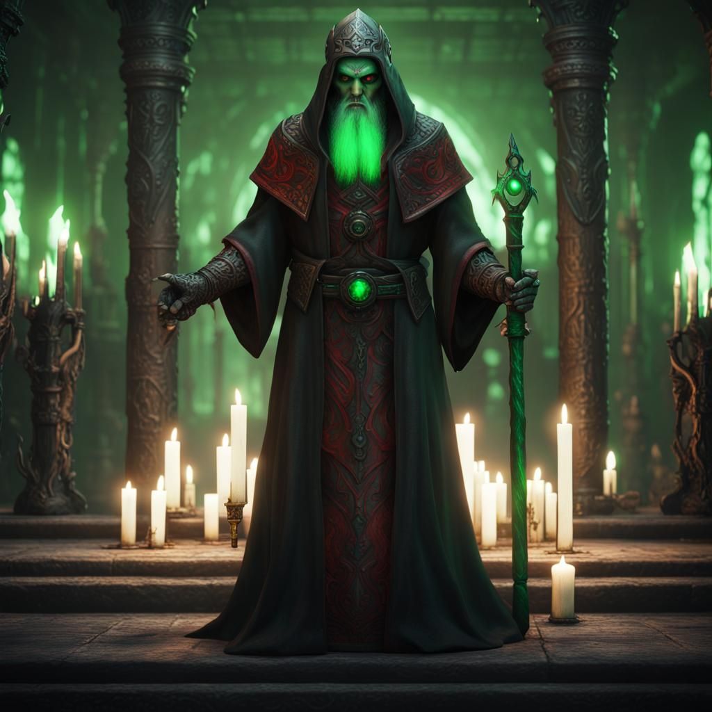 Fantasy Necromancer in Dark Temple, Detailed Render