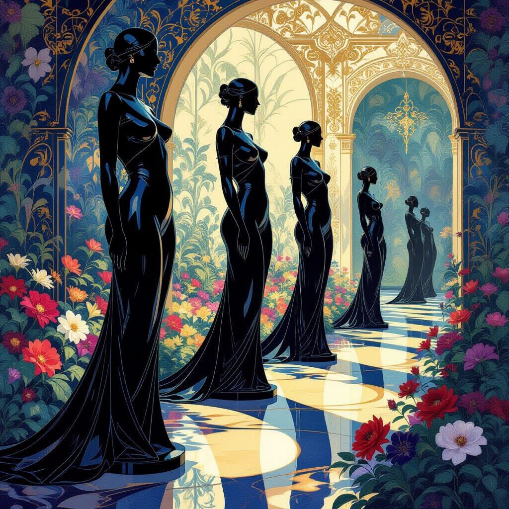 Art Nouveau Statues with Exotic Flowers and Ethereal Light