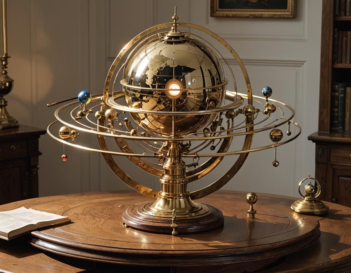 Brass Orrery with Lit Sun and Planets