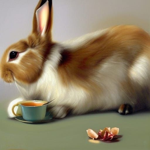 Rabbits' Tea Party in Classic Oil Painting Style