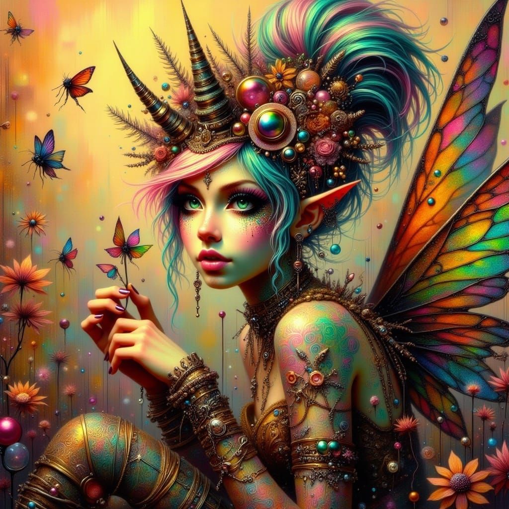Whimsical Fairy in Punk Style with Glitch Background