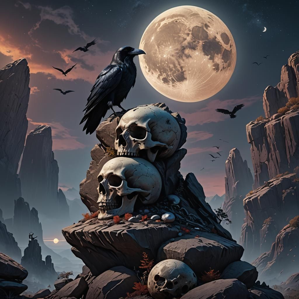 Raven on Skull Under Moonlight: Fantasy Concept Art