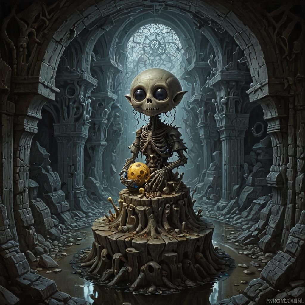 Chibi Myconid in Gothic Catacombs with Fractal Art