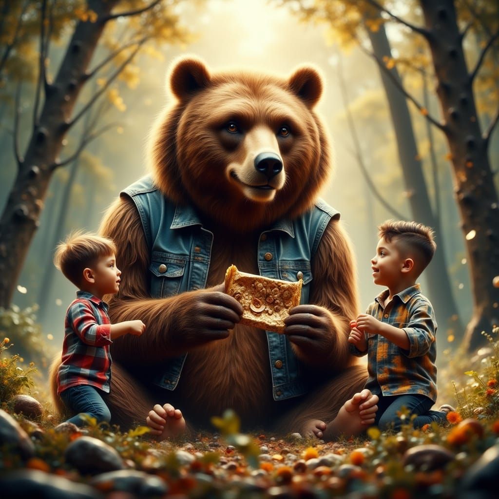 Smiling Grizzly Bear Opens Granola Bar, Hyperrealistic Style