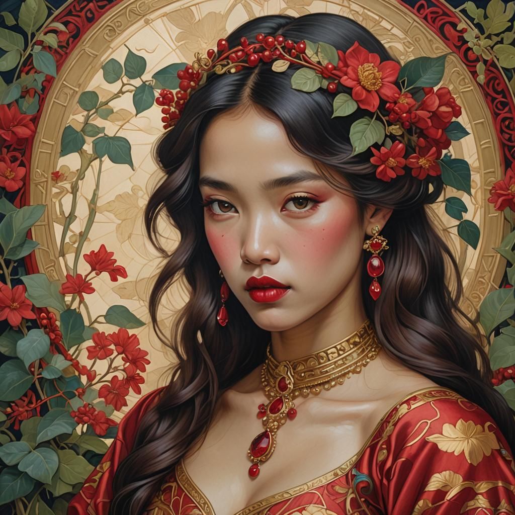 Filipino Woman with Ruby Jewelry, Pre-Raphaelite Painting
