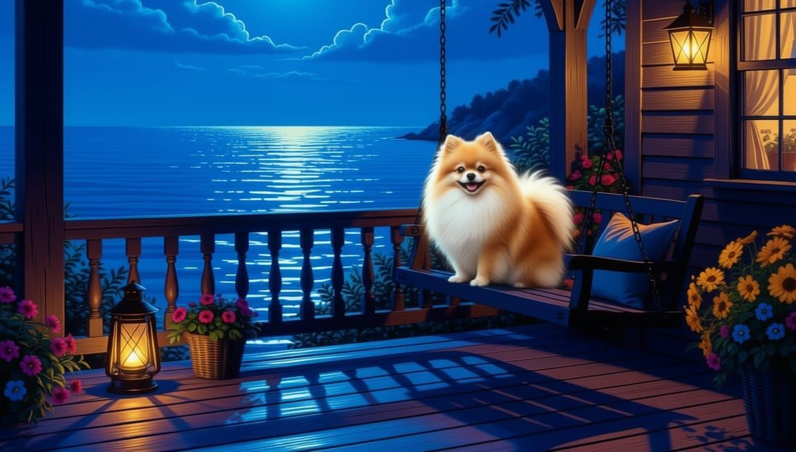 Cute Fluffy Pomeranian on Porch Swing at Night