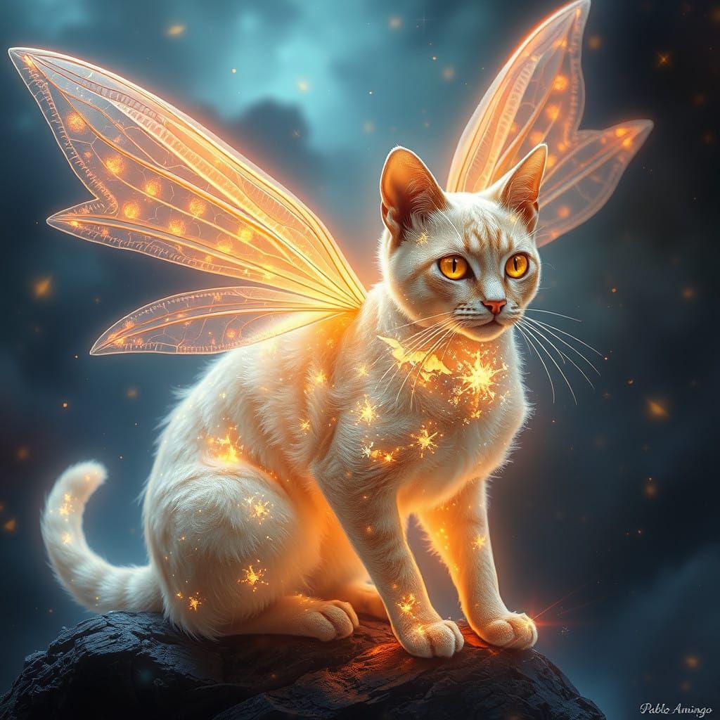 Ethereal Ghost Cat in Cosmic Splendor with Dragonfly Wings