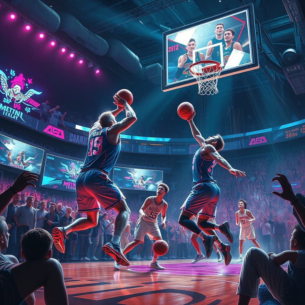 Cyberpunk Basketball Clash in Futuristic Arena