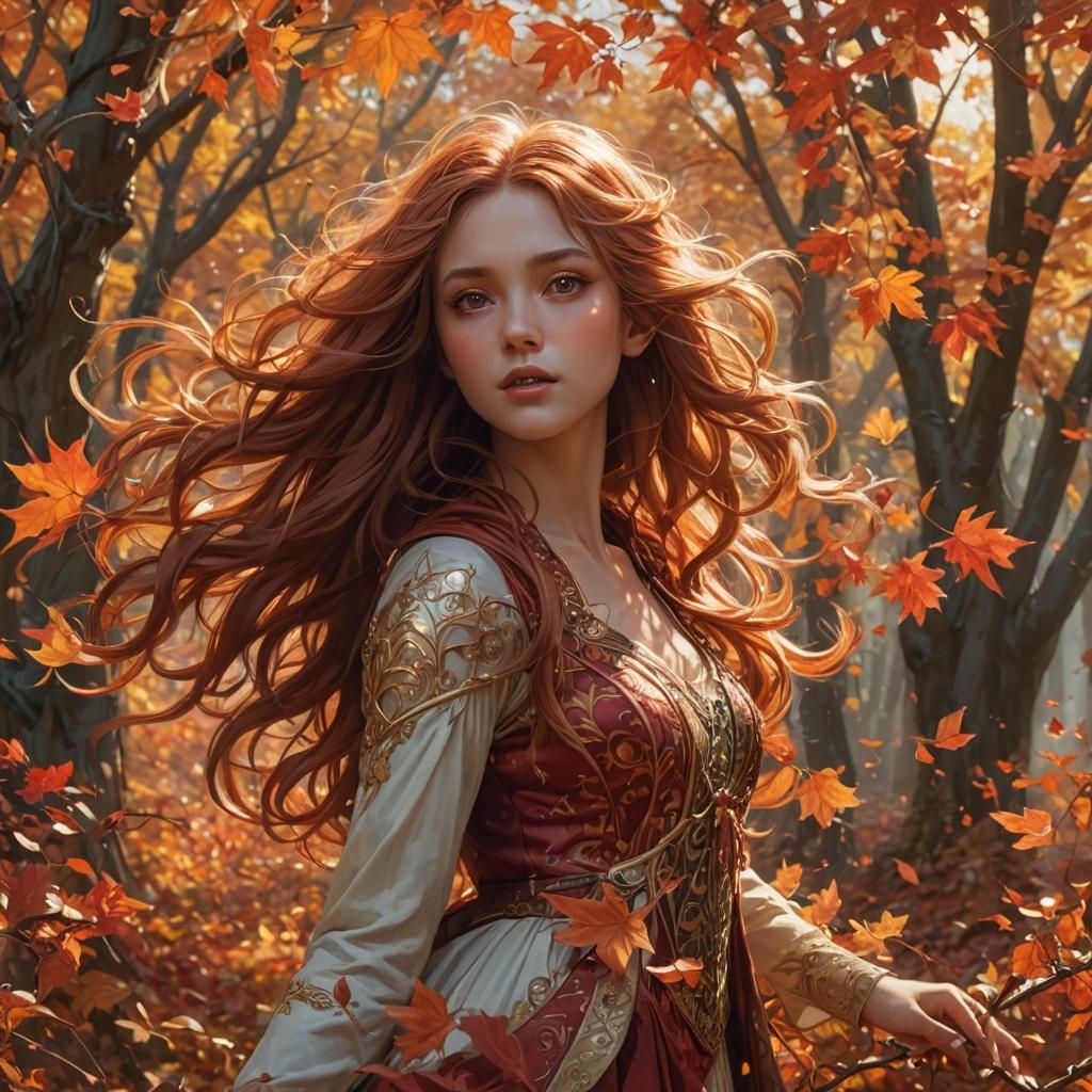 Autumn Girl with Hair of Leaves: Digital Art