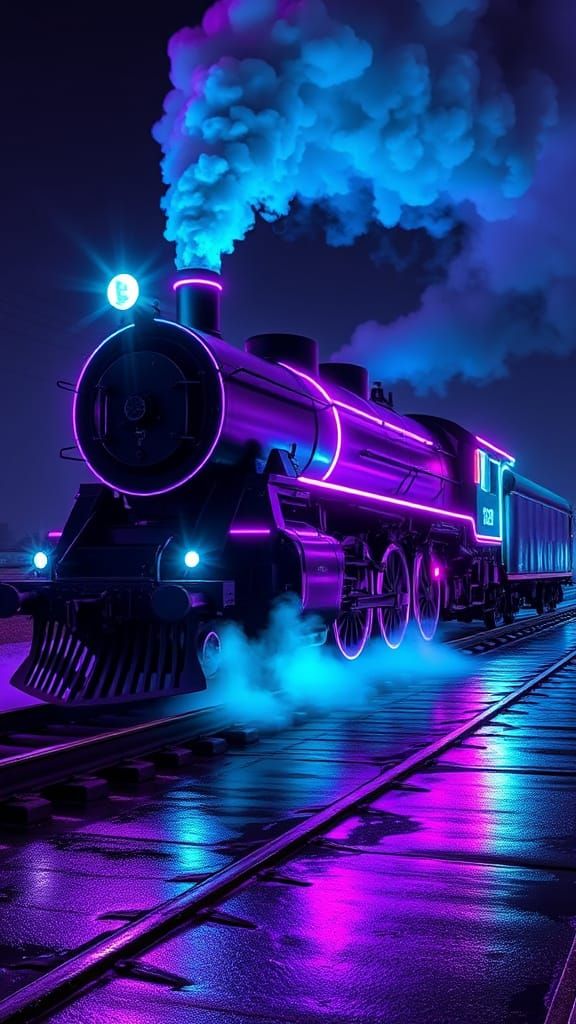 Against the velvet darkness of night, a powerful steam locomotive commands attention with its mesmerizing display of neo...