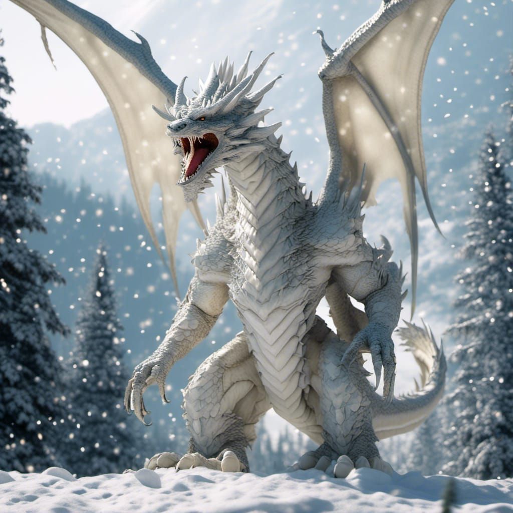 Fissure Snow Dragon Snarling with Open Wings