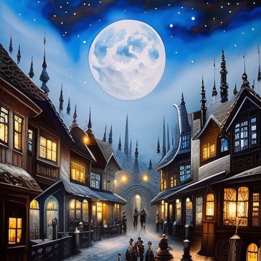 Stary City at Night in Mixed Media Painting