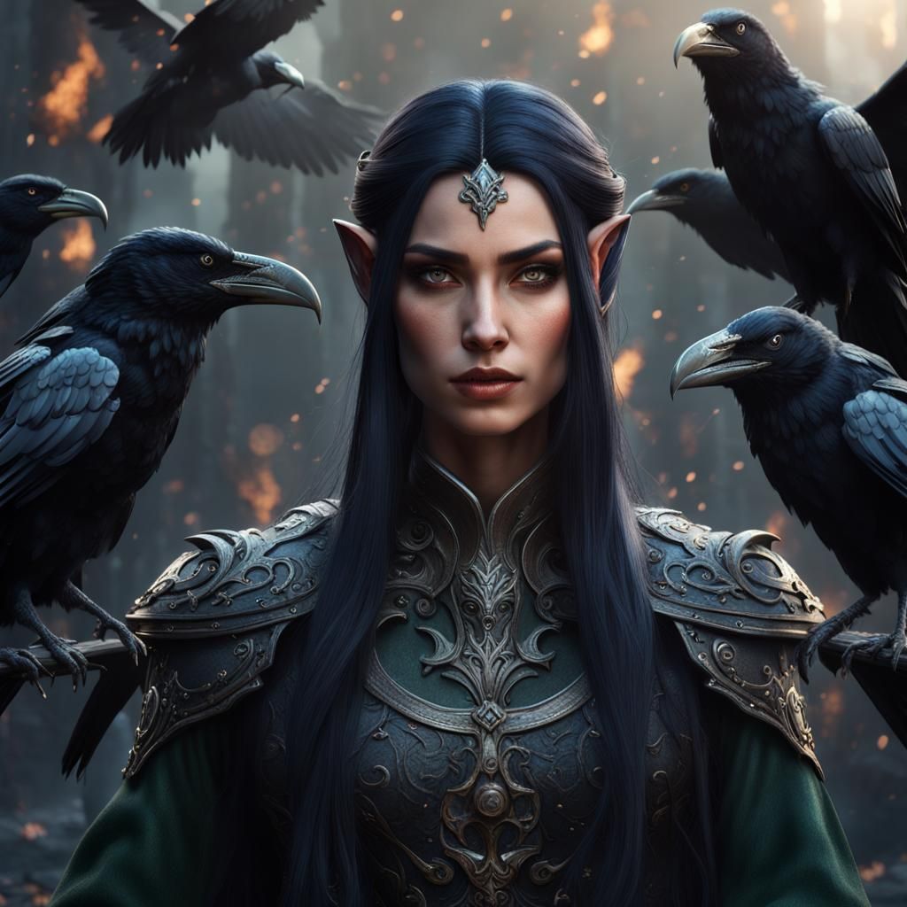 Hyperrealistic Villain Elf Surrounded by Ravens