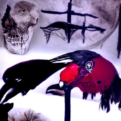 Crow and Skull with Red Feathers