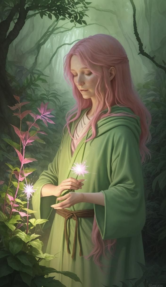 Watercolor Wizard Nurturing Forest Plants