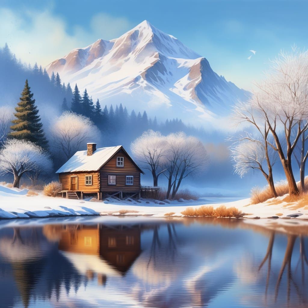 Winter Wonderland: Wood House in Watercolor Landscape