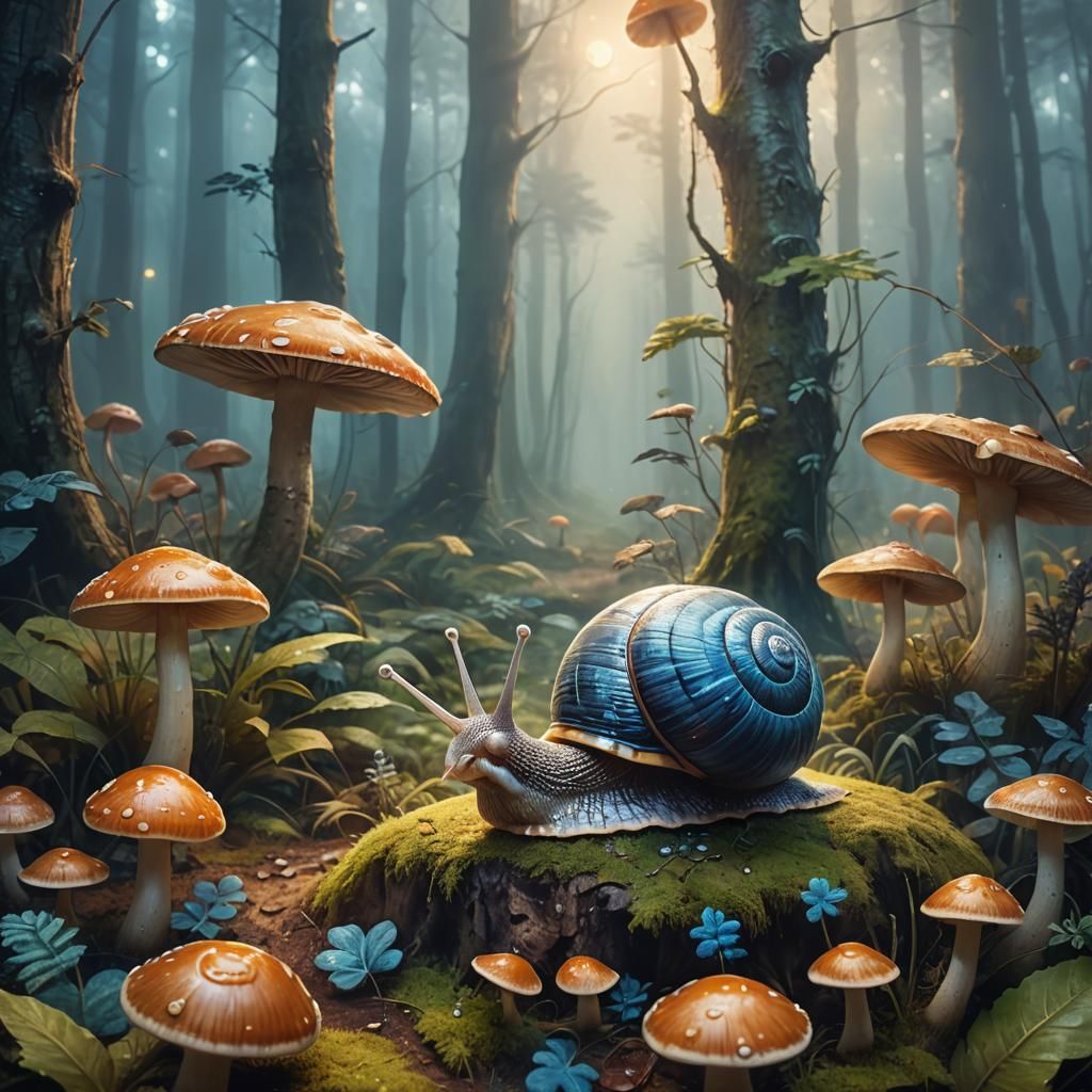 Snail on Mushroom in Misty Forest