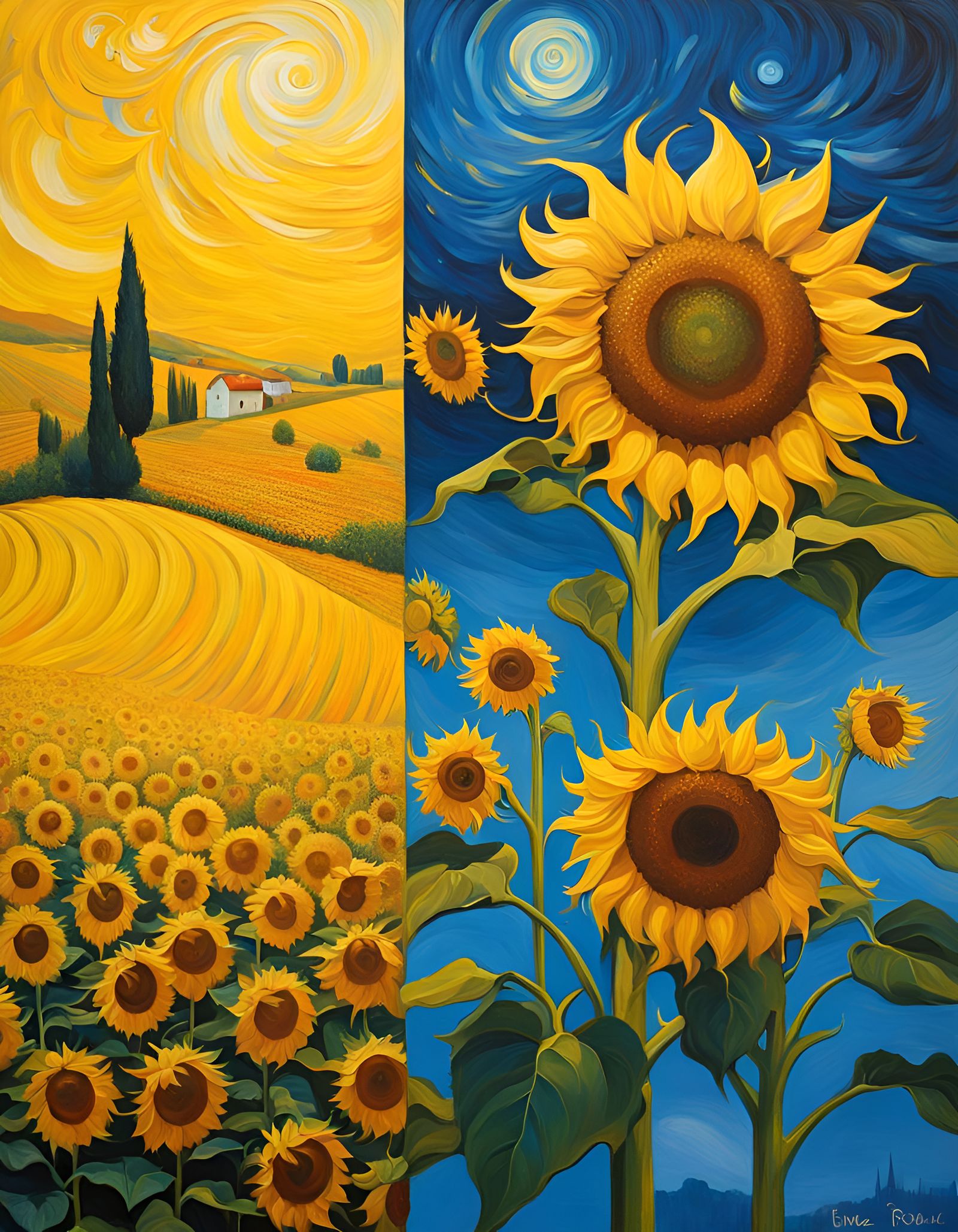 Surreal Sunflower Impressionism in Vivid Contrasting Colors