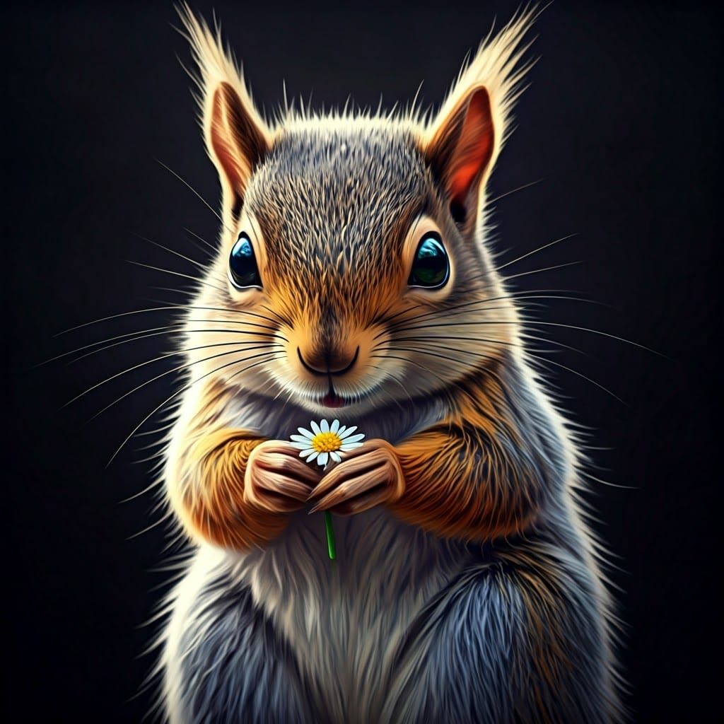 Adorable Squirrel with Flower, Digital Painting